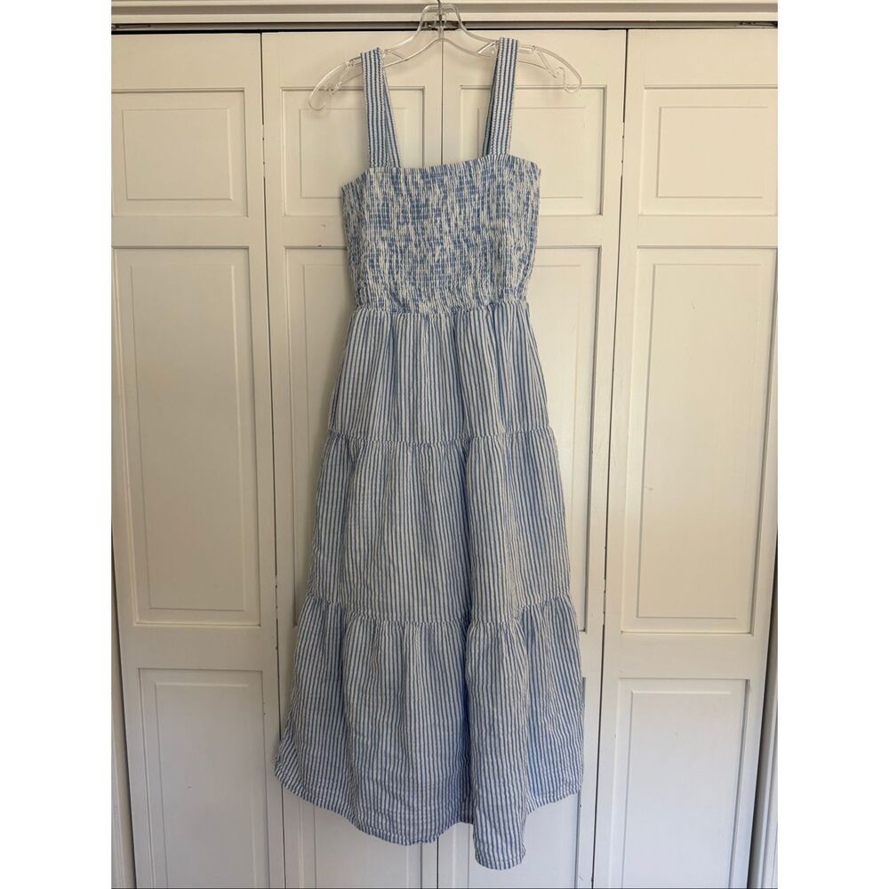 Quince blue and white stripe smocked midi dress small - Picture 5 of 11